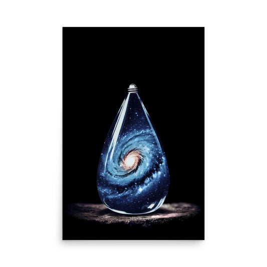 Artistic representation of a galaxy inside a teardrop-shaped glass container on a black background.