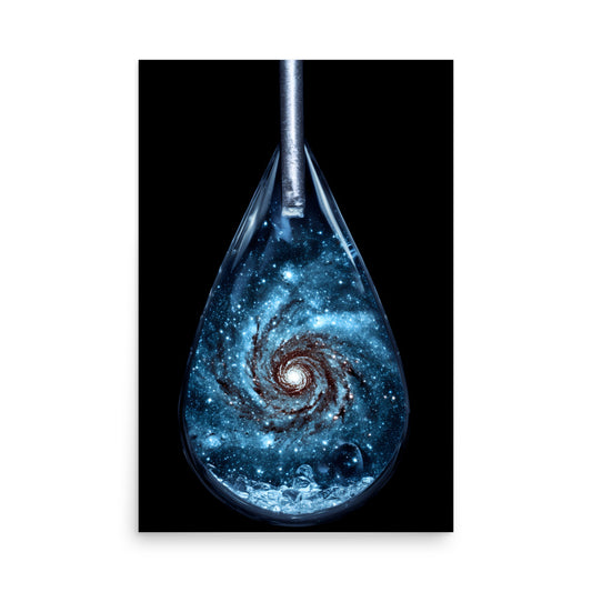 Artistic representation of a galaxy inside a droplet against a black background