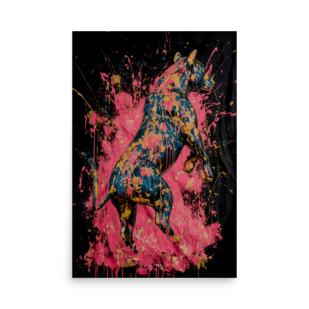 Abstract splatter paint bull in pink, yellow and blue on black background, bold modern animal wall art print