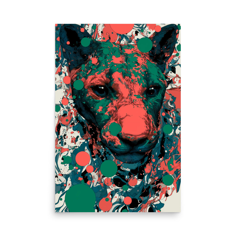 Colour splash lion portrait in red, green and teal, modern abstract big cat wall art.