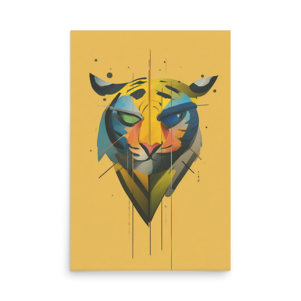 Minimal geometric tiger portrait in bold colours on yellow background, modern graphic animal print
