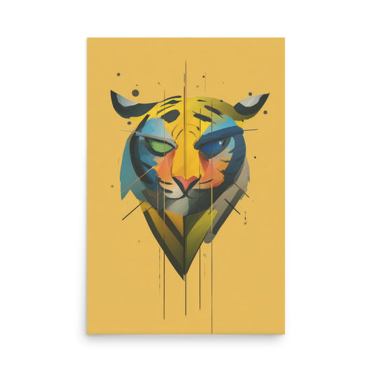 Minimal geometric tiger portrait in bold colours on yellow background, modern graphic animal print