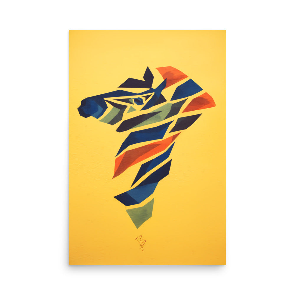Geometric zebra head artwork made of blue, green and orange shapes on yellow background