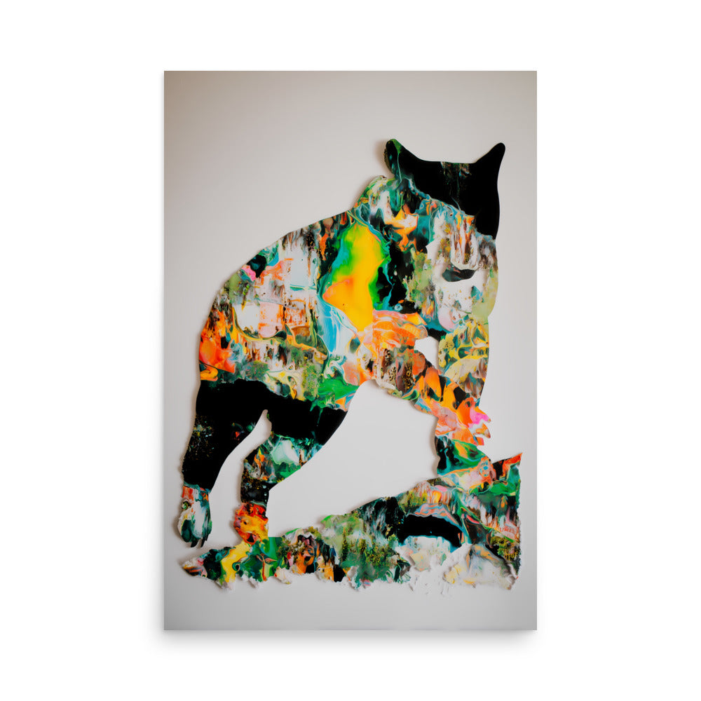 Bear silhouette filled with abstract multicolour paint textures on white canvas, modern wildlife art.