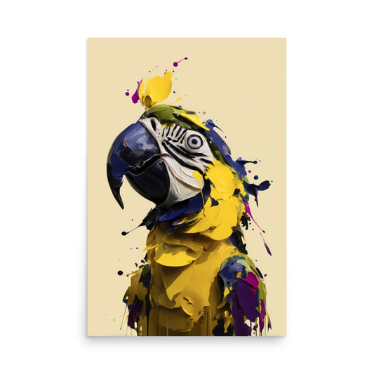 Colourful abstract parrot made from thick paint strokes in yellow, blue and purple, modern bird art print