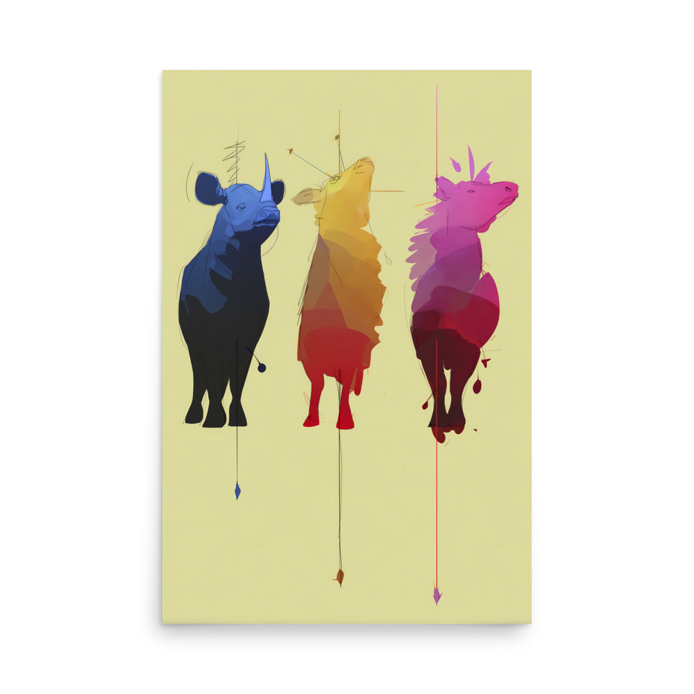 Minimal abstract animal trio in blue, yellow and pink, modern colourful wall art print