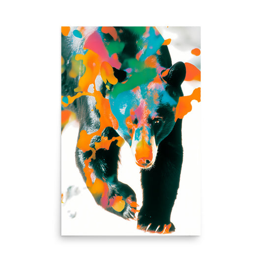 Black bear with vibrant neon paint splashes, bold modern wildlife art print