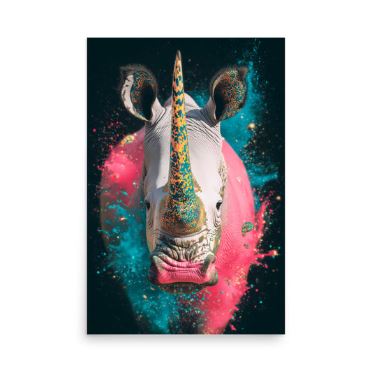 Colourful rhino portrait with galaxy paint effects in pink and teal, surreal animal wall art.