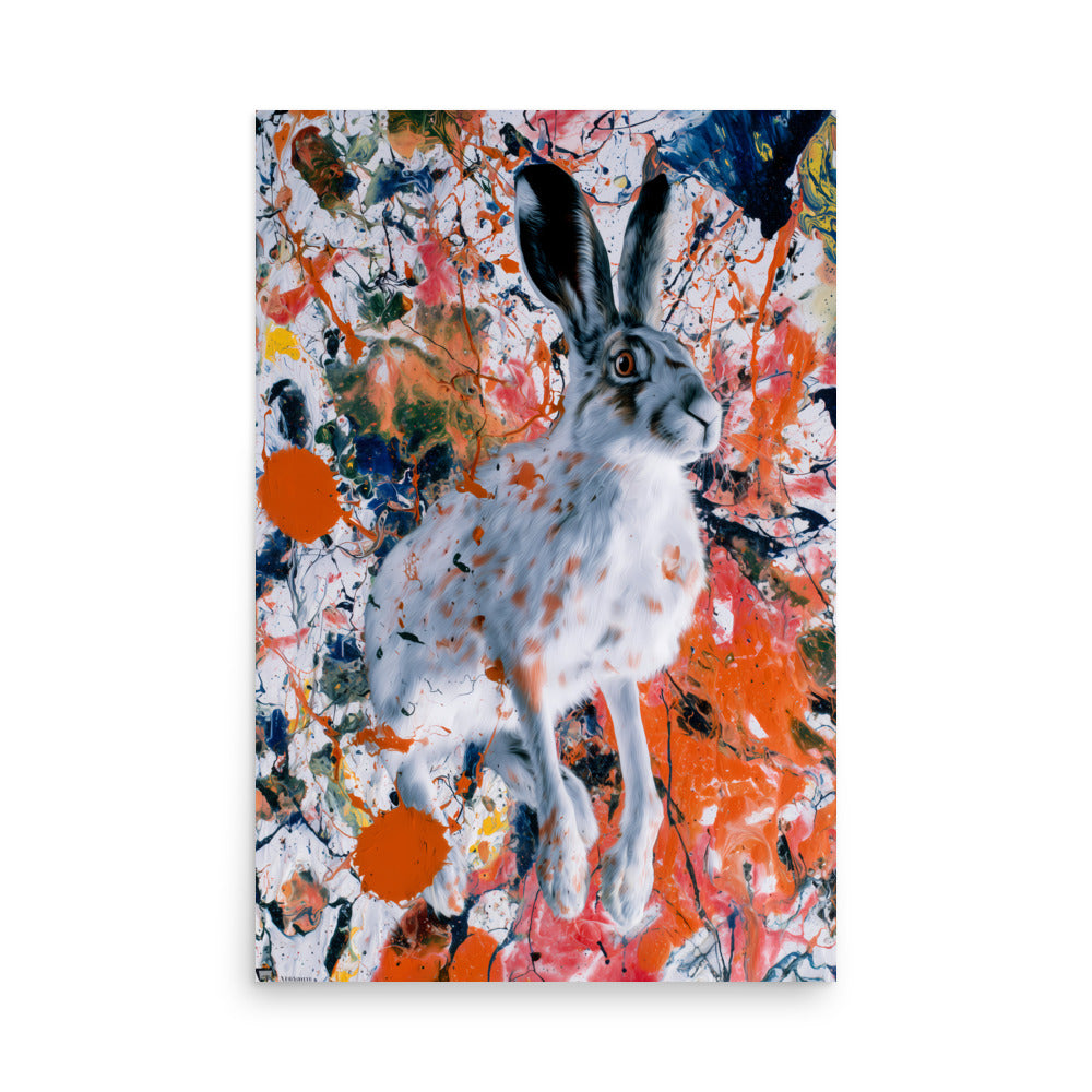 Realistic hare against abstract paint splatter background, vibrant modern wildlife artwork.