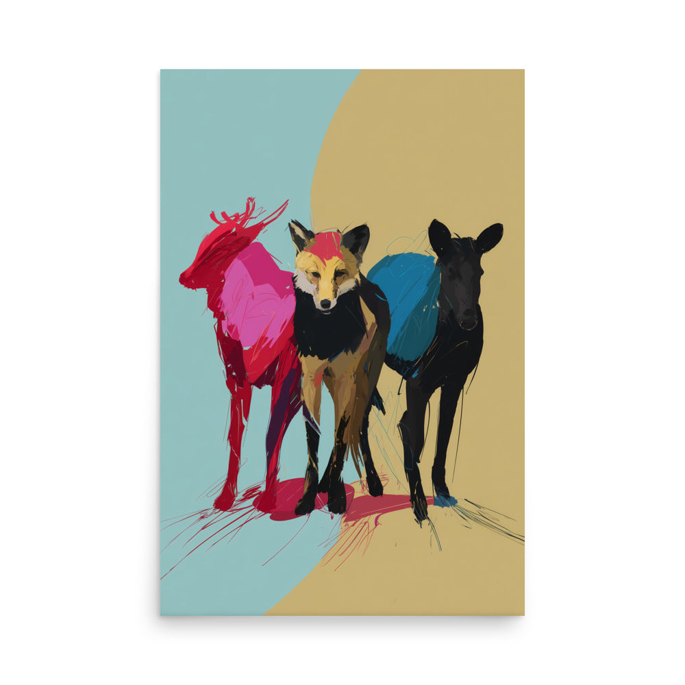 Loose brushstroke animal trio in red, gold and blue tones, contemporary abstract wildlife print.