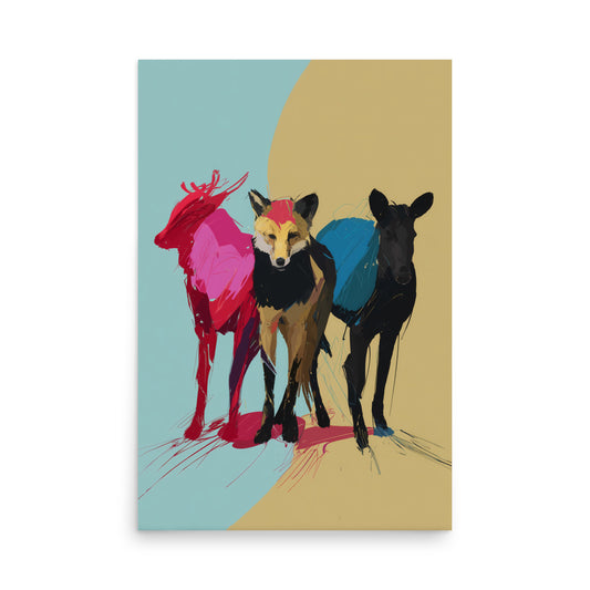 Loose brushstroke animal trio in red, gold and blue tones, contemporary abstract wildlife print.