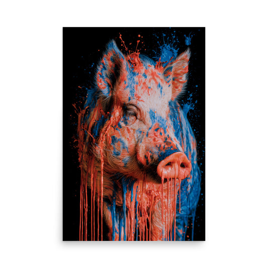 Realistic pig dripping with red and blue paint, bold modern animal art print.