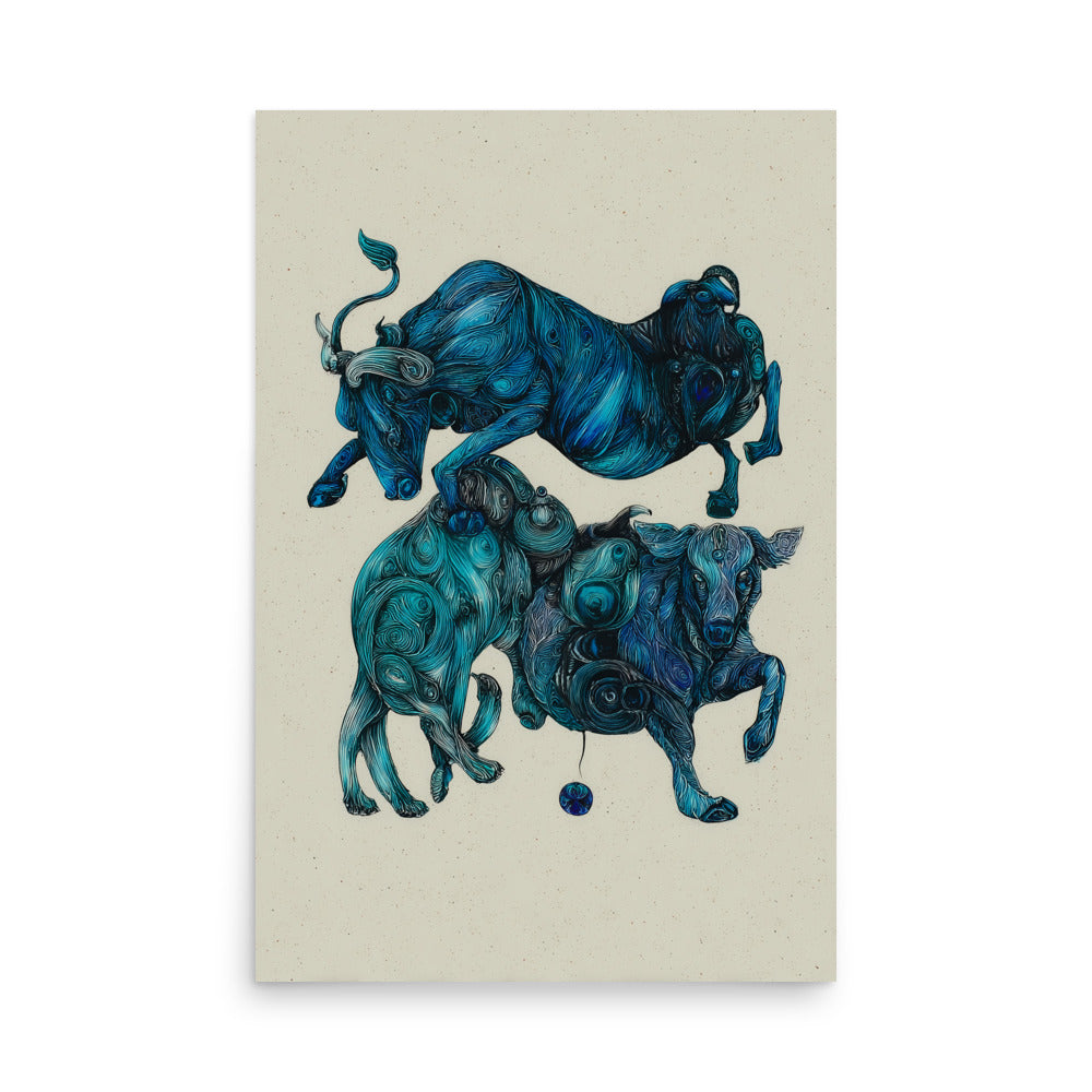 Abstract blue bull illustration with flowing line patterns, modern animal art print.
