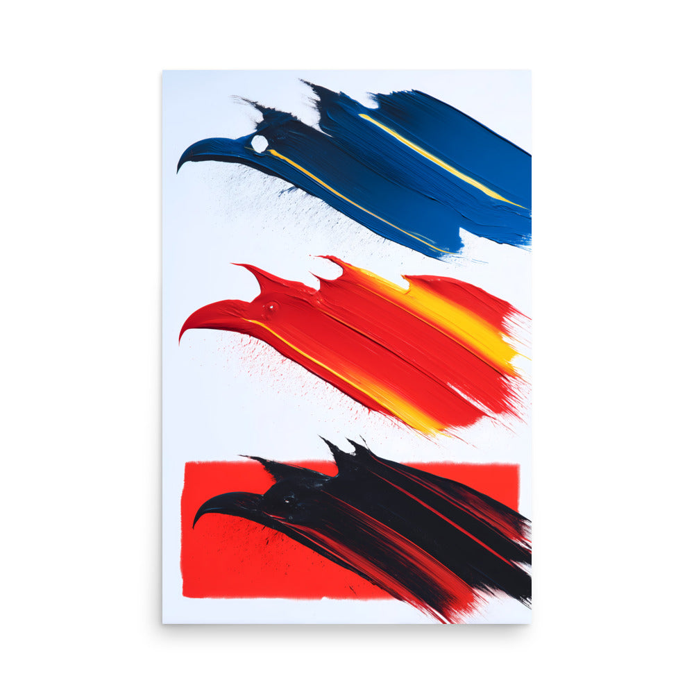 Brushstroke bird silhouettes in blue, red and black, minimalist abstract animal artwork