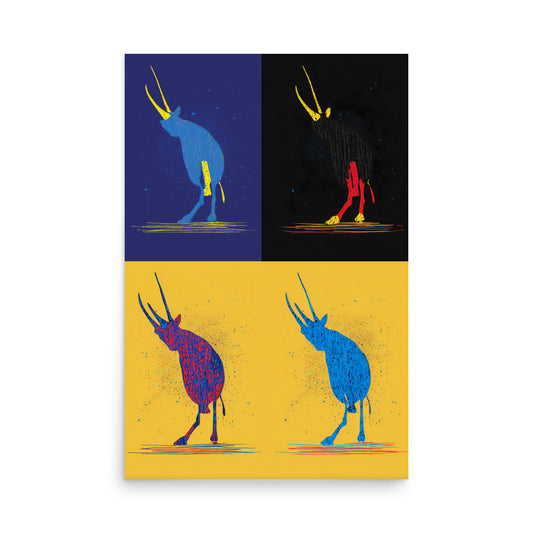 Pop art oryx illustration in four colour variations, modern graphic wildlife print