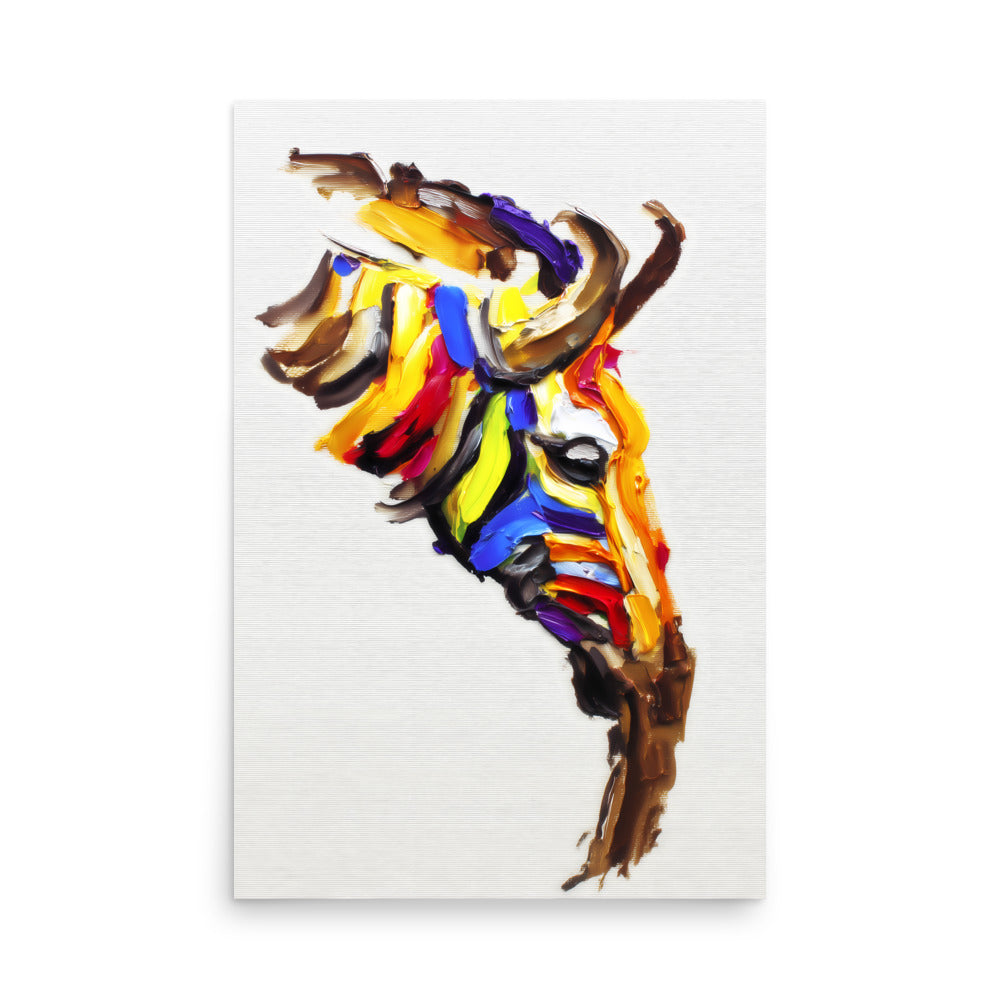 Colourful abstract Zebra painting made with bold oil brush strokes on a white background.