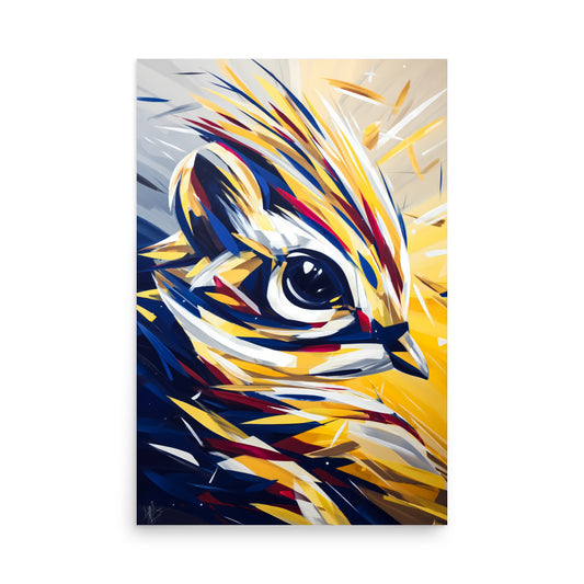 Modern geometric bird artwork in yellow, blue and red, abstract digital animal wall art.