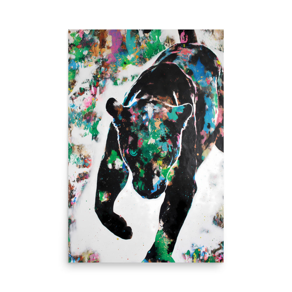 Abstract black panther artwork with colourful paint splashes, modern wildlife wall art print.