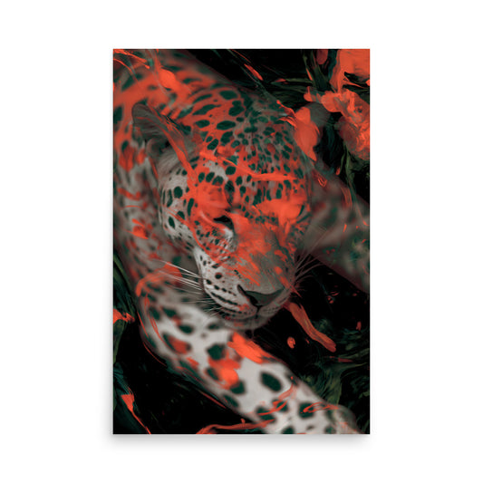 Surreal leopard portrait with flowing red and green paint effects, abstract wildlife art