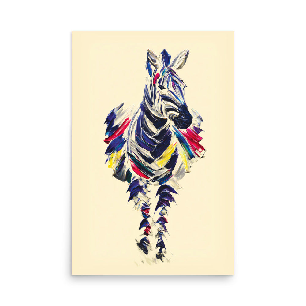 Colourful abstract zebra painting created with thick brush strokes on a beige background.
