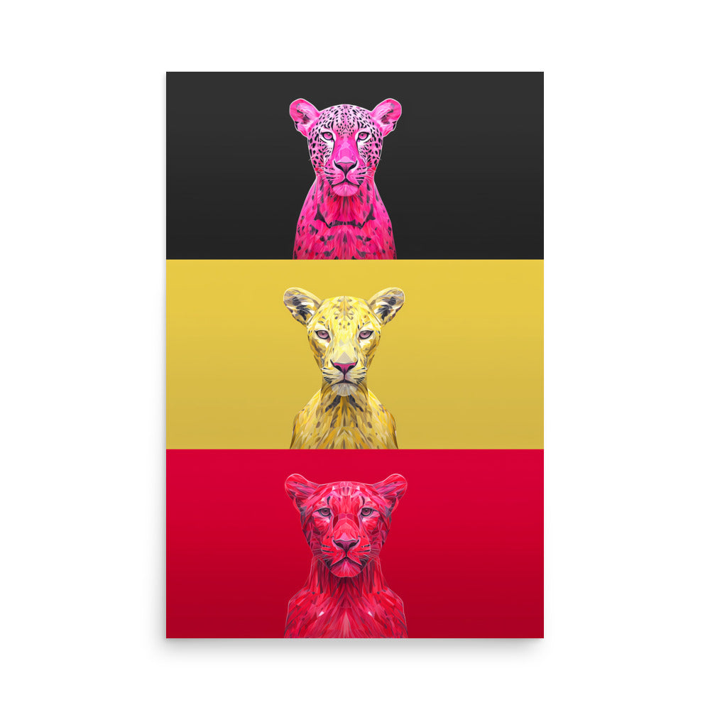 Pop art style leopard triptych in pink, yellow and red, modern big cat wall art.
