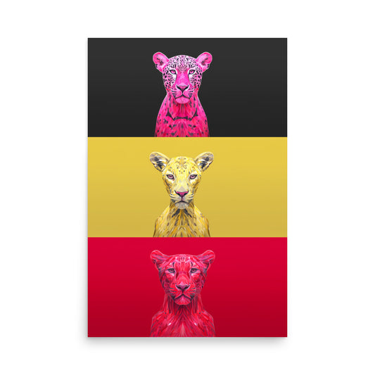 Pop art style leopard triptych in pink, yellow and red, modern big cat wall art.