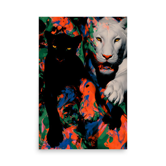 Black panther and white lion running through swirling red, green, and blue paint, dramatic wildlife art.