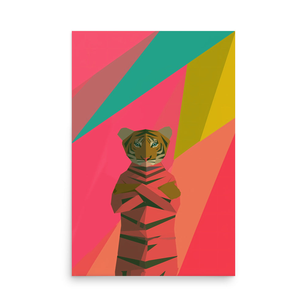 Geometric low-poly tiger illustration on bright pink and yellow background, modern graphic animal art