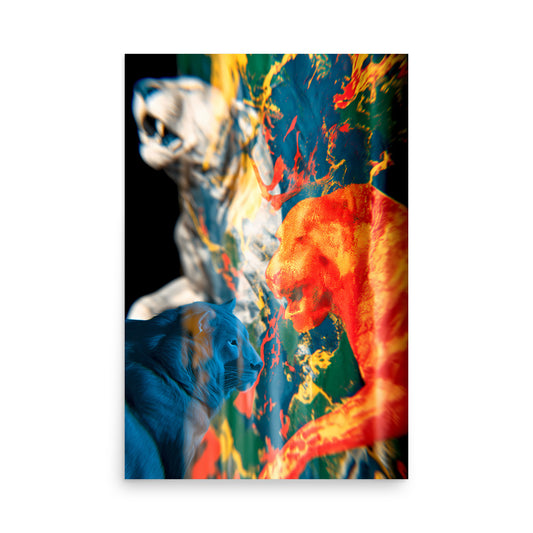 Abstract lion artwork with bold red, blue and yellow colours, modern digital big cat wall art print.