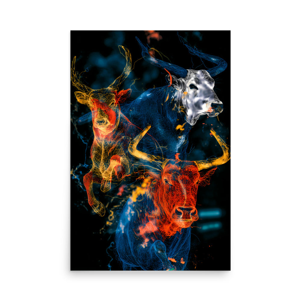 Abstract neon bull artwork with three glowing bulls in red, blue, and yellow on a dark background, energetic modern digital art print.