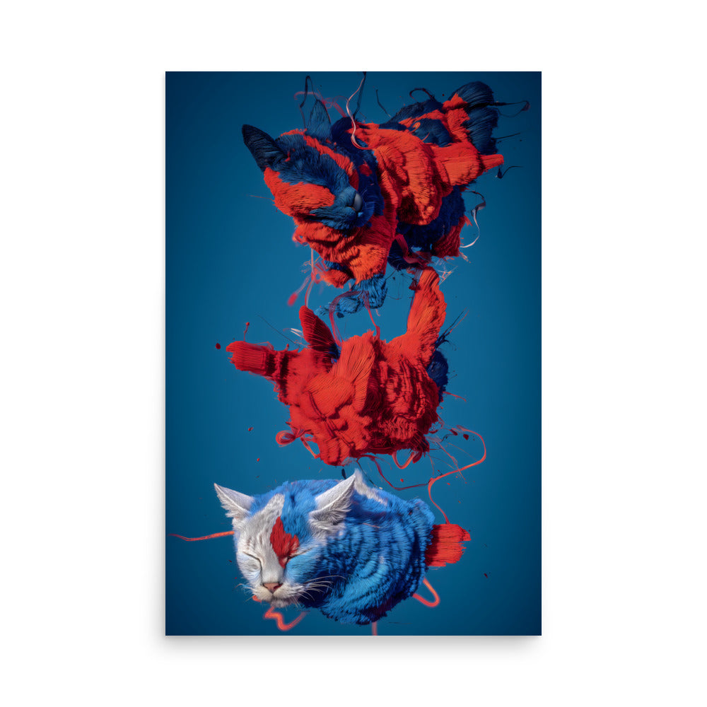 Three abstract, floating cat figures made of textured, thread-like fur in bold red and blue colours against a solid blue background. The top two cats appear fragmented and partially unravelled, with strands of fibre swirling around them, while the lower cat is more intact, with closed eyes and a calmer expression. The style is surreal and sculptural, blending organic feline shapes with dynamic, shredded textile elements.