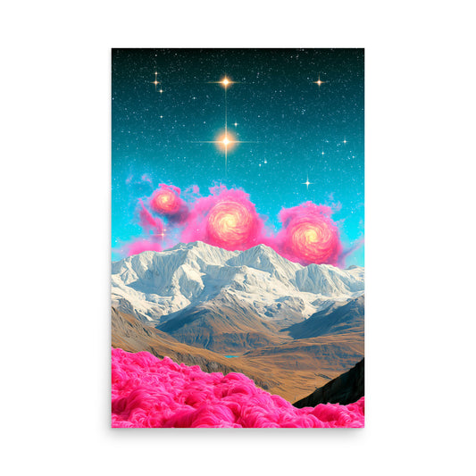 Surreal galaxy sky with pink swirling nebulas above snowy mountain range, vibrant cosmic landscape art print.