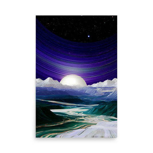 Abstract alien landscape with giant purple celestial rings over icy mountains, futuristic space wall art.