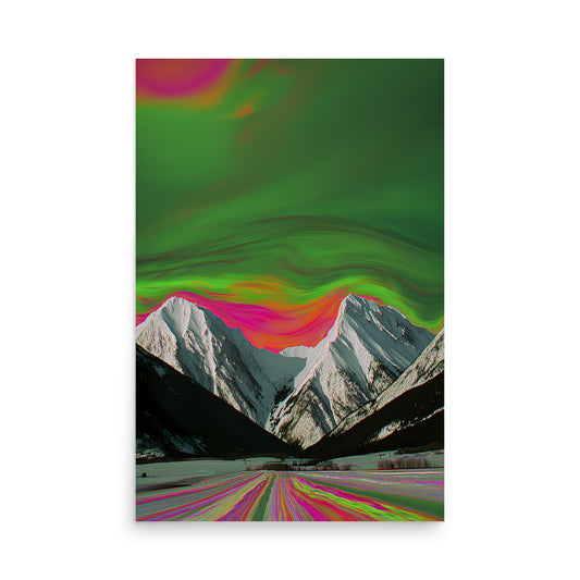 Neon green and magenta sky glowing over snowy peaks, psychedelic mountain landscape artwork
