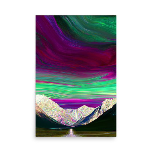 Colour-swirled sky above mountain road and valley, psychedelic landscape art print