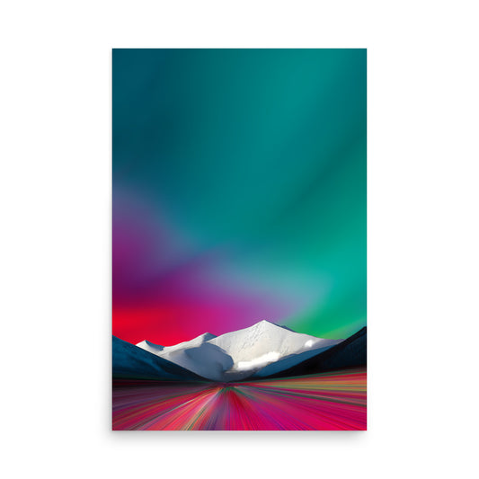 Minimal neon gradient sky with snowy mountains and colour-streaked valley, modern abstract landscape art.