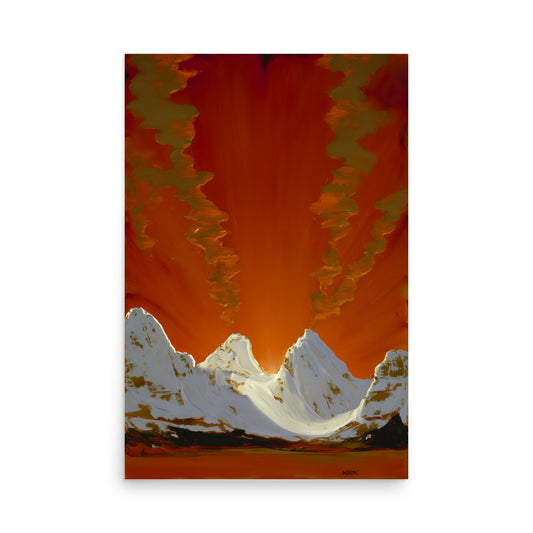 now-covered mountain range glowing under molten orange sky, bold abstract landscape painting
