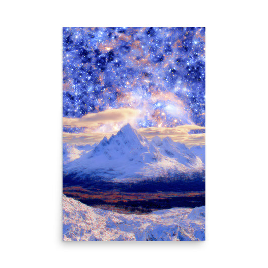 Starry night galaxy over frosted mountain peaks, dreamy cosmic winter landscape artwork