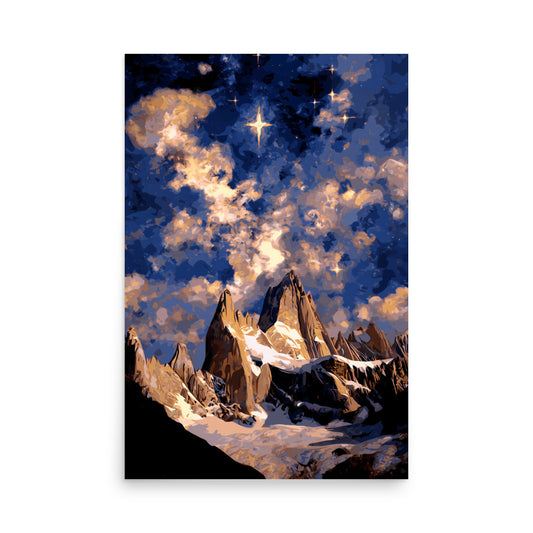 Stylised mountain spires under golden nebula clouds in deep blue sky, fantasy landscape wall art