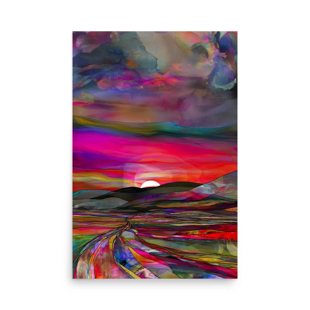 Rainbow painted landscape with sunset over hills and multicoloured fields, abstract nature wall art print.