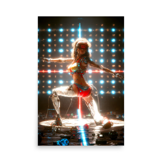 Stylized image of a Cyberpunk dancer on a stage with colorful lights