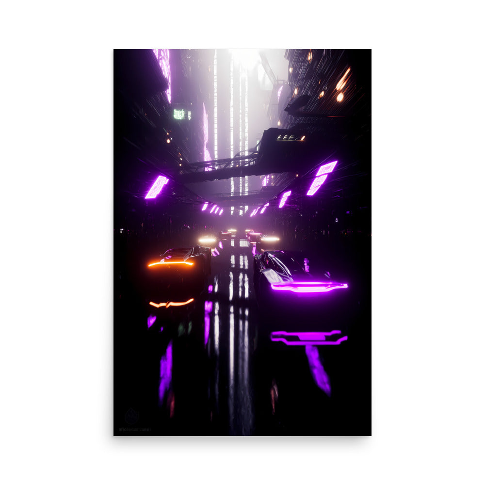 Neon-lit urban street scene with futuristic architecture