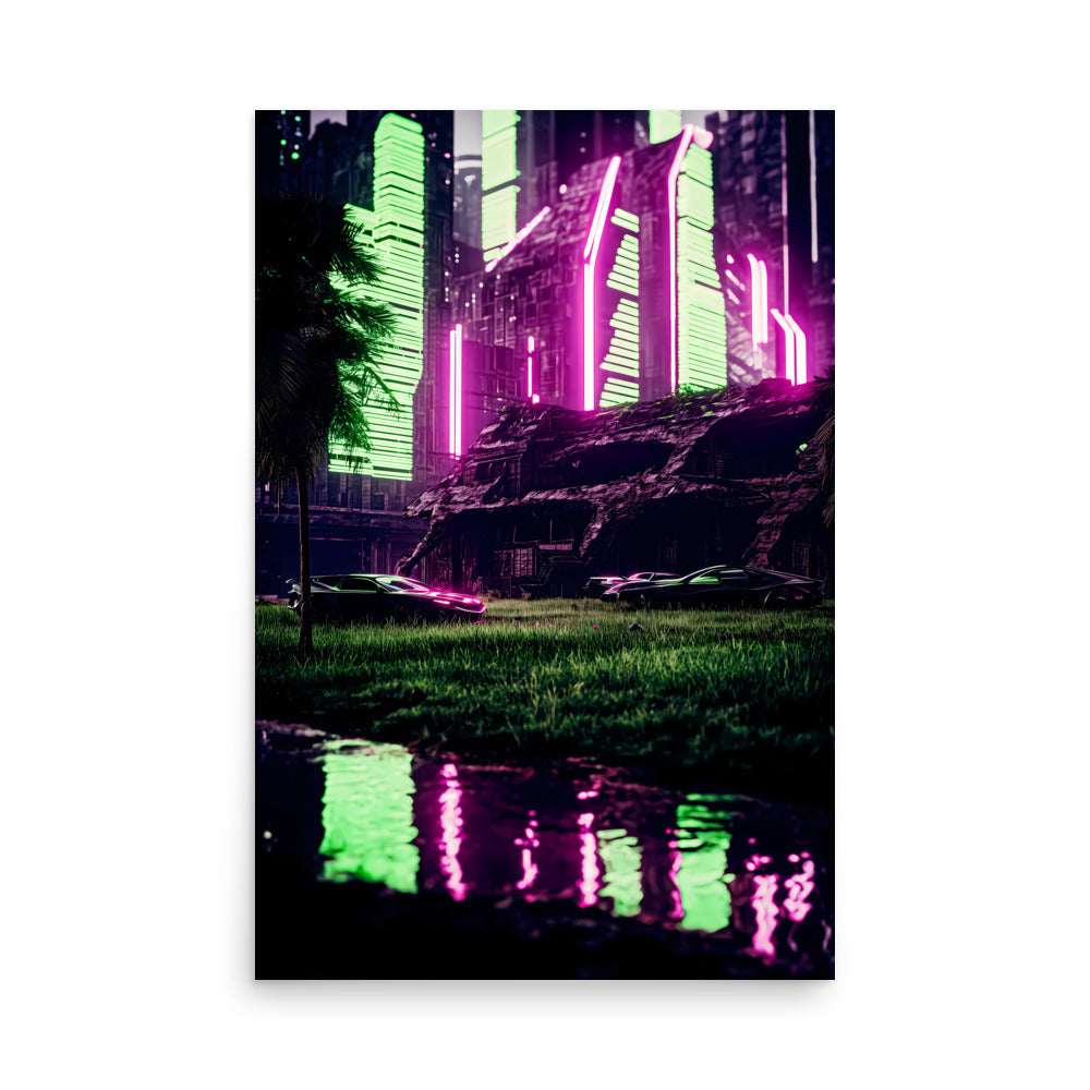 Futuristic cityscape with neon lights reflected in water