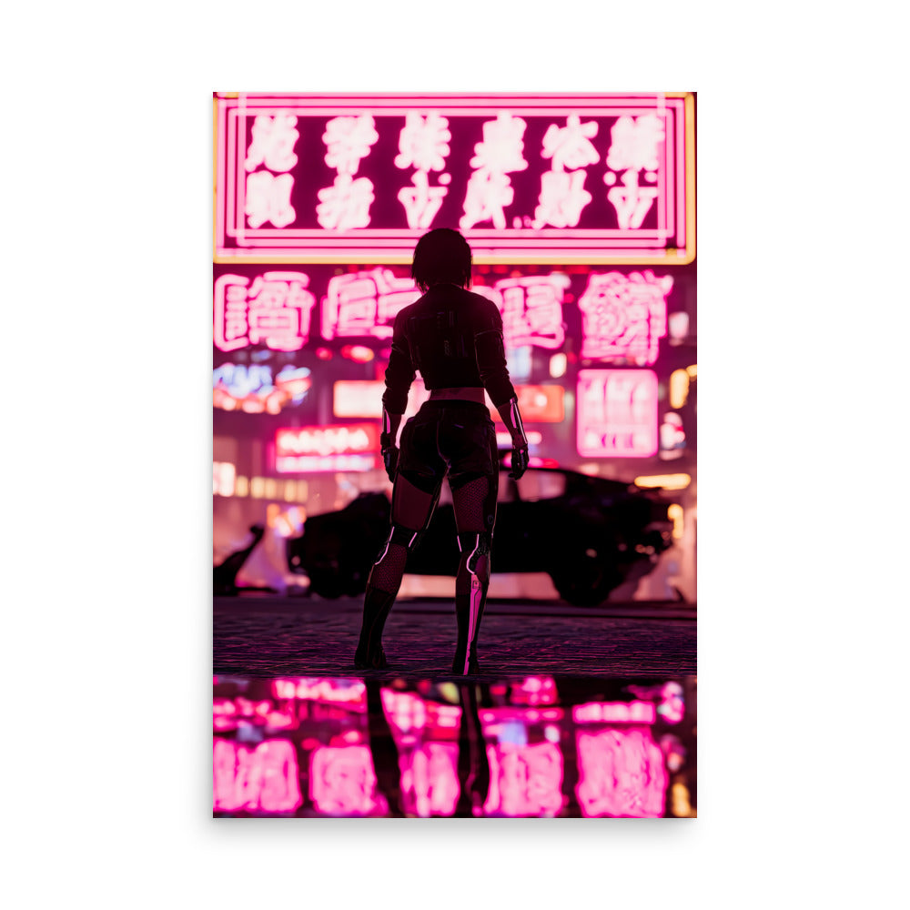 Silhouette of a Cyberpunk person against a vibrant neon cityscape
