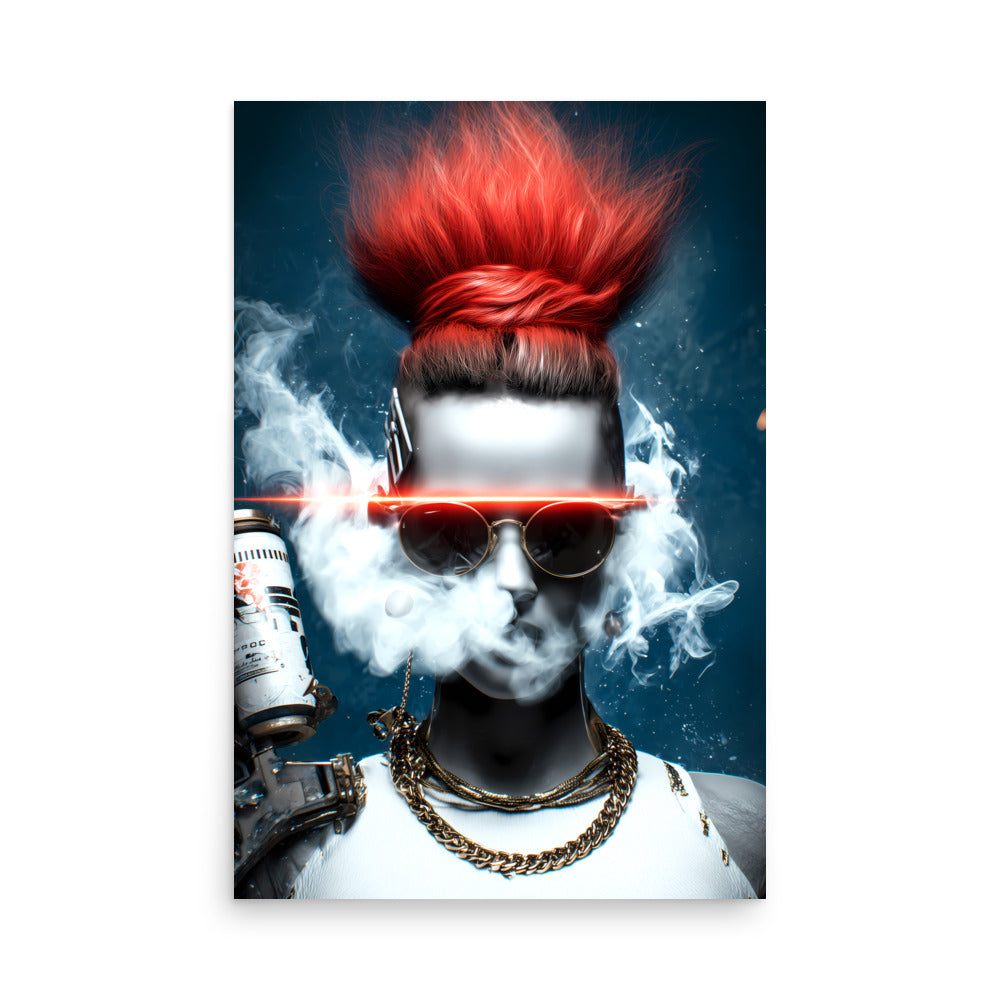 Cyberpunk woman with red hair and sunglasses holding a spray can against a dark background