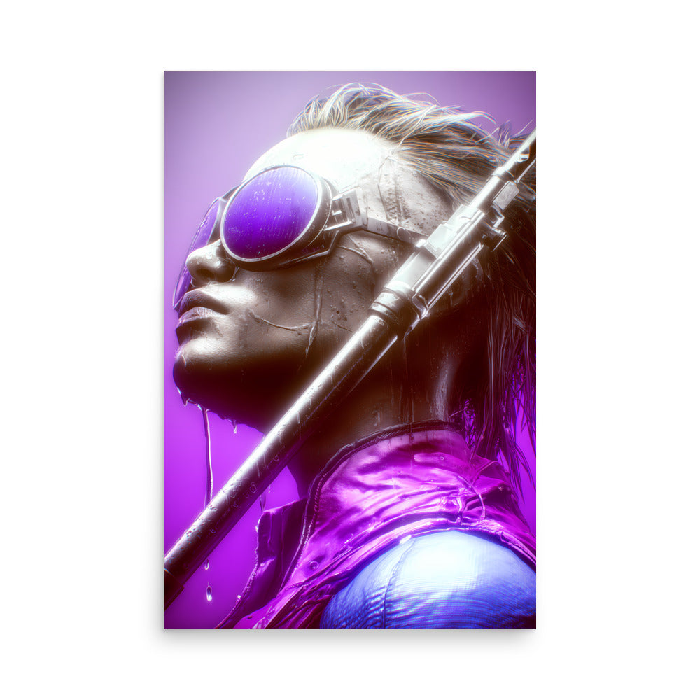 Cyberpunk man with sunglasses and a weapon on a purple background