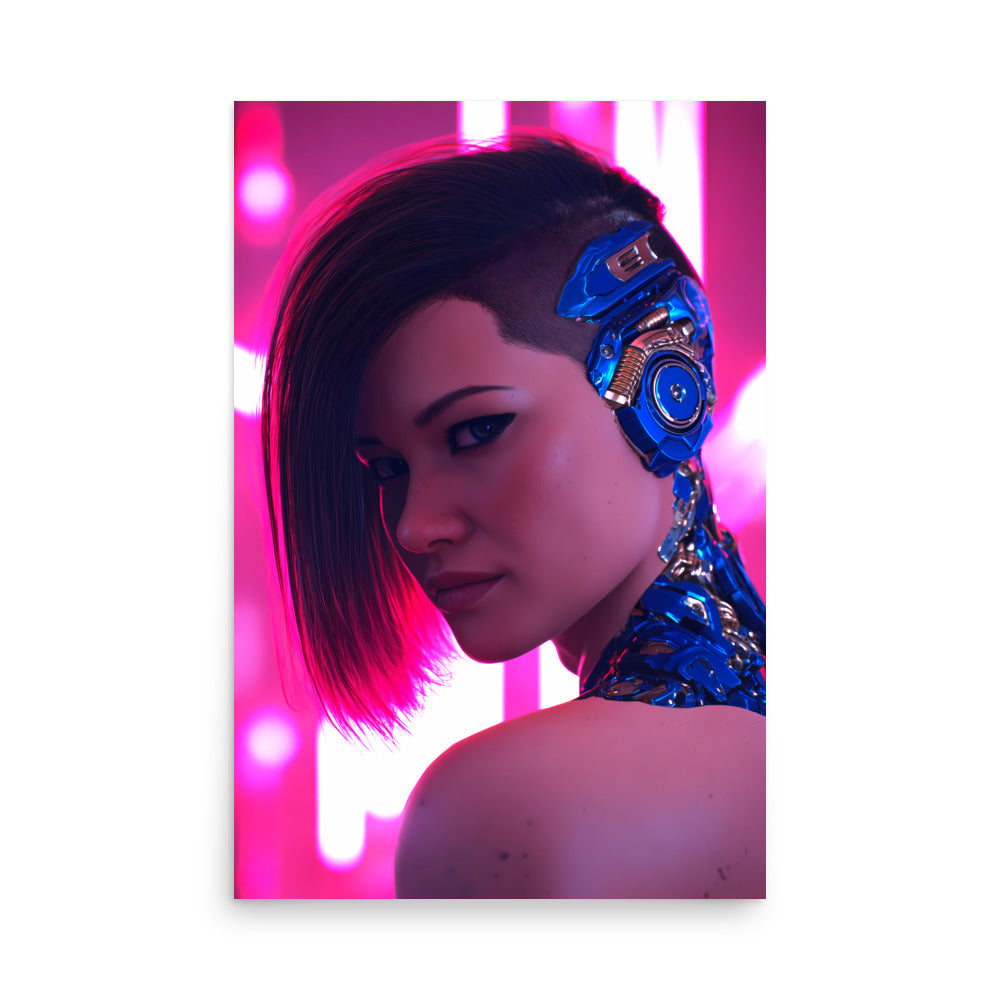 Cyberpunk woman wearing a futuristic headpiece with pink and purple lights in the background