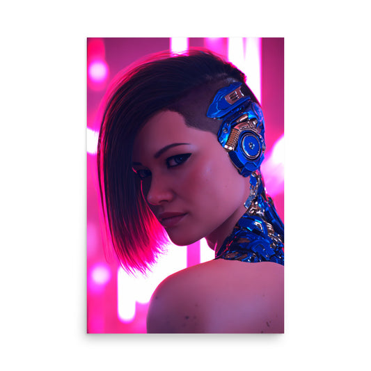 Cyberpunk woman wearing a futuristic headpiece with pink and purple lights in the background
