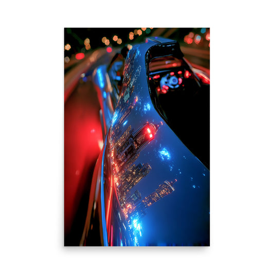 Close-up of a shiny blue car with reflections and lights at night.