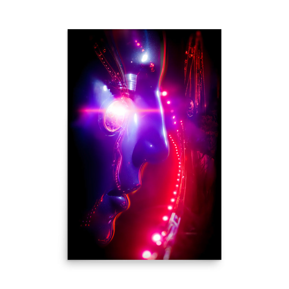 A woman with colorful lights on a dark background